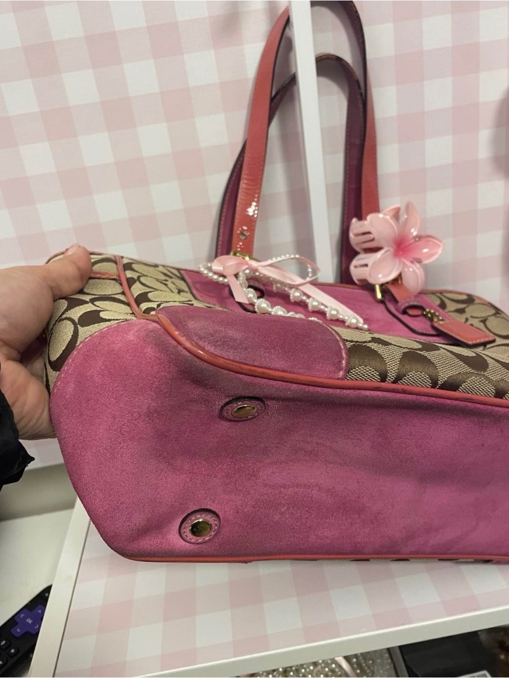 Vintage Coach Brown Signature Canvas Tote with Pink Leather Accents - Picture 4 of 10